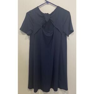 LOFT Navy Blue A-Line Short Sleeve Knit Dress Size Small Keyhole Back